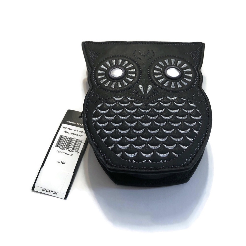 BCBG Max Azria Bag Womens Black Faux Leather Embroidered Owl Chain Zip Wristlet - Picture 2 of 9